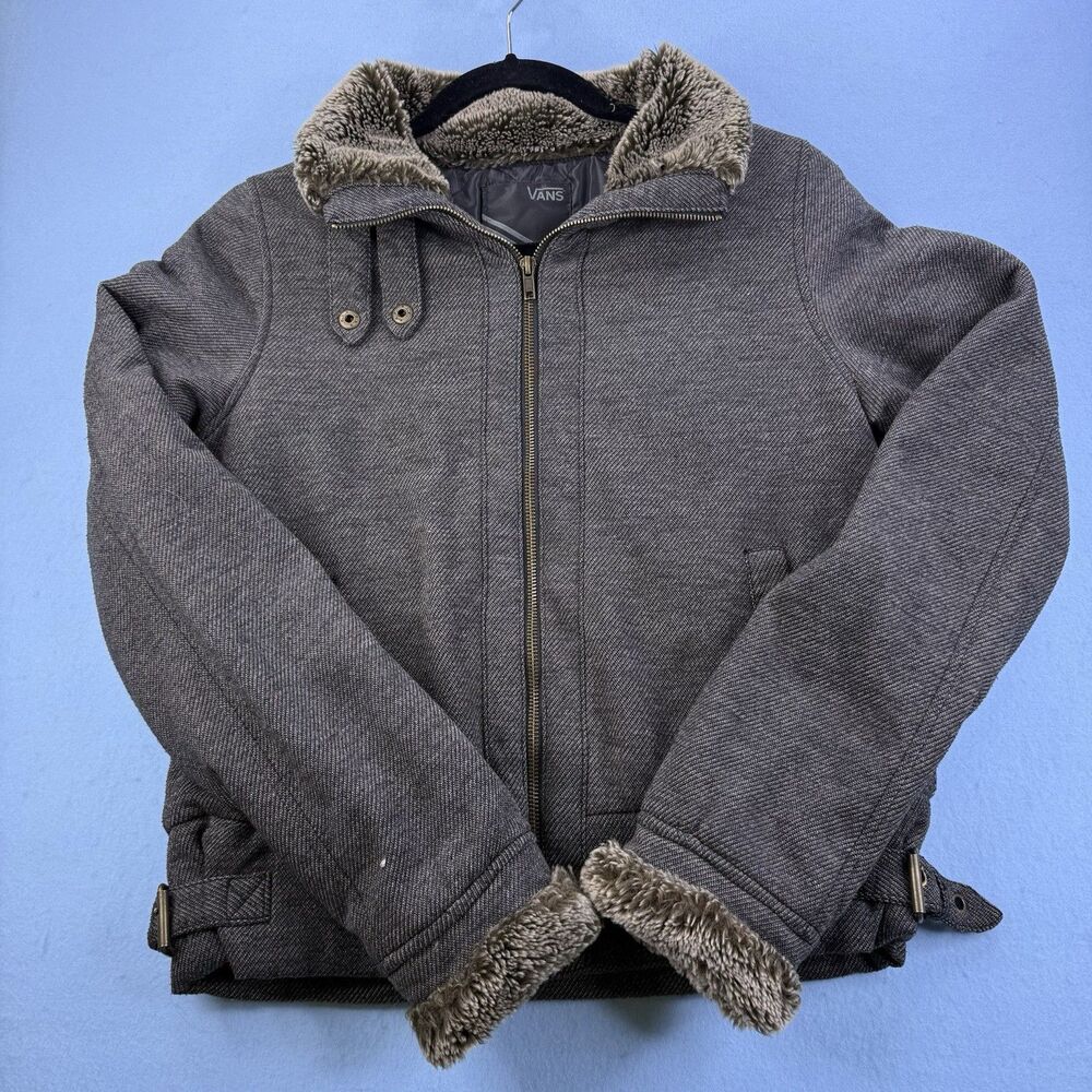 Vans Faux Fur Trim Bomber Jacket Women Full Zip Brown/Gray Lined Size Small1217